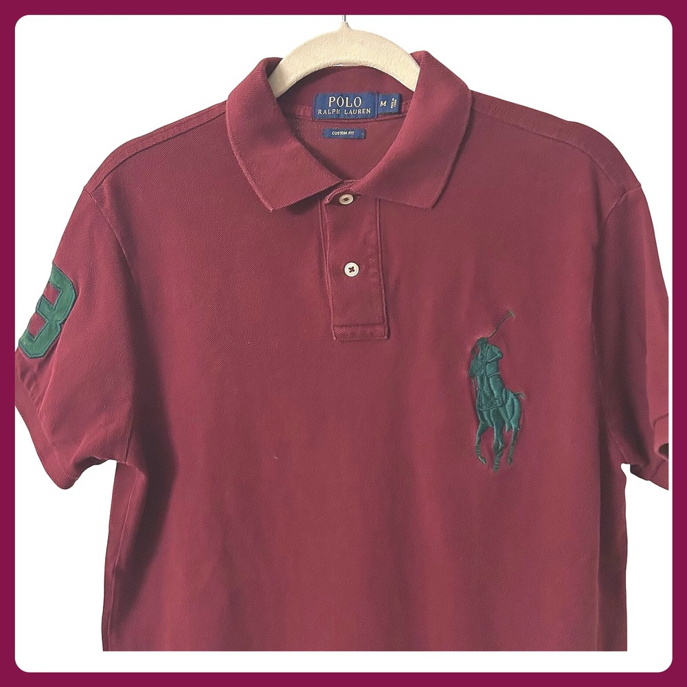 Polo Ralph Lauren Mens Custom Fit Polo Shirt Burgundy Green Big Pony #3‎ Sz. M